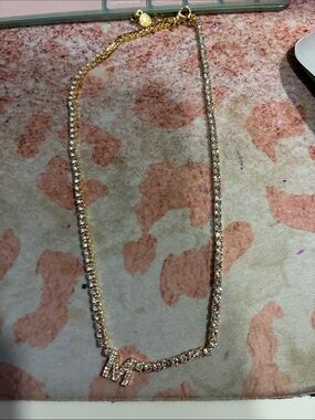BaubleBar Gold Rhinestone Tennis Necklace with Initial Pendant